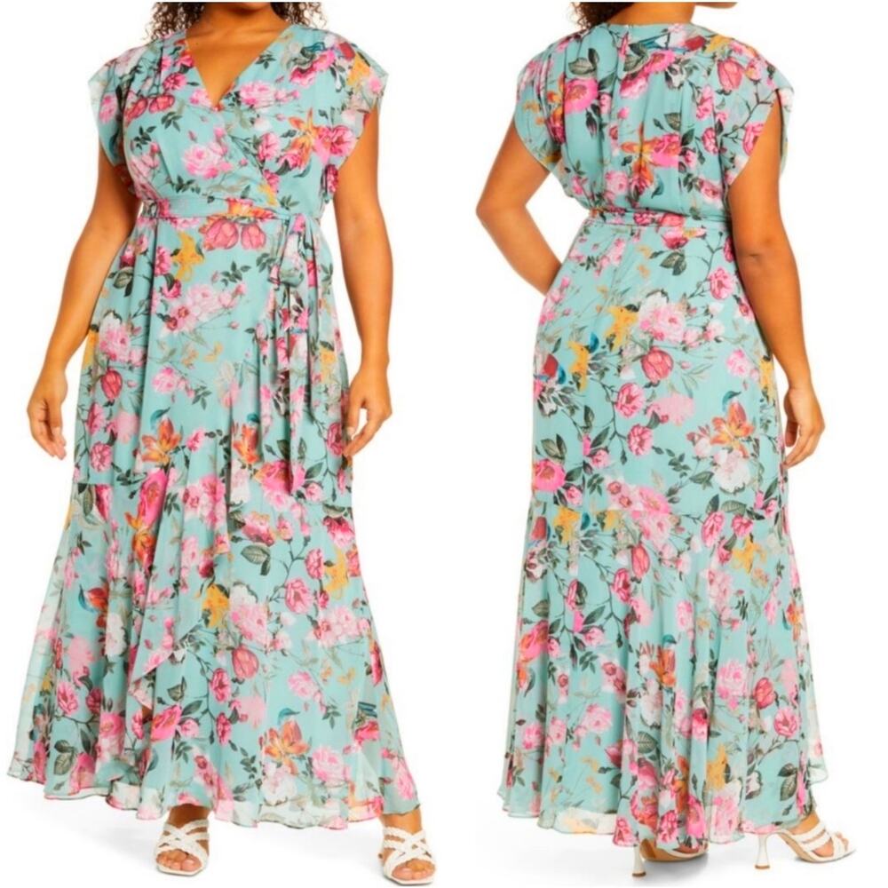 ELIZA J DRESS 14 Floral Faux Wrap Chiffon Maxi Dress Garden Party Wedding Guest